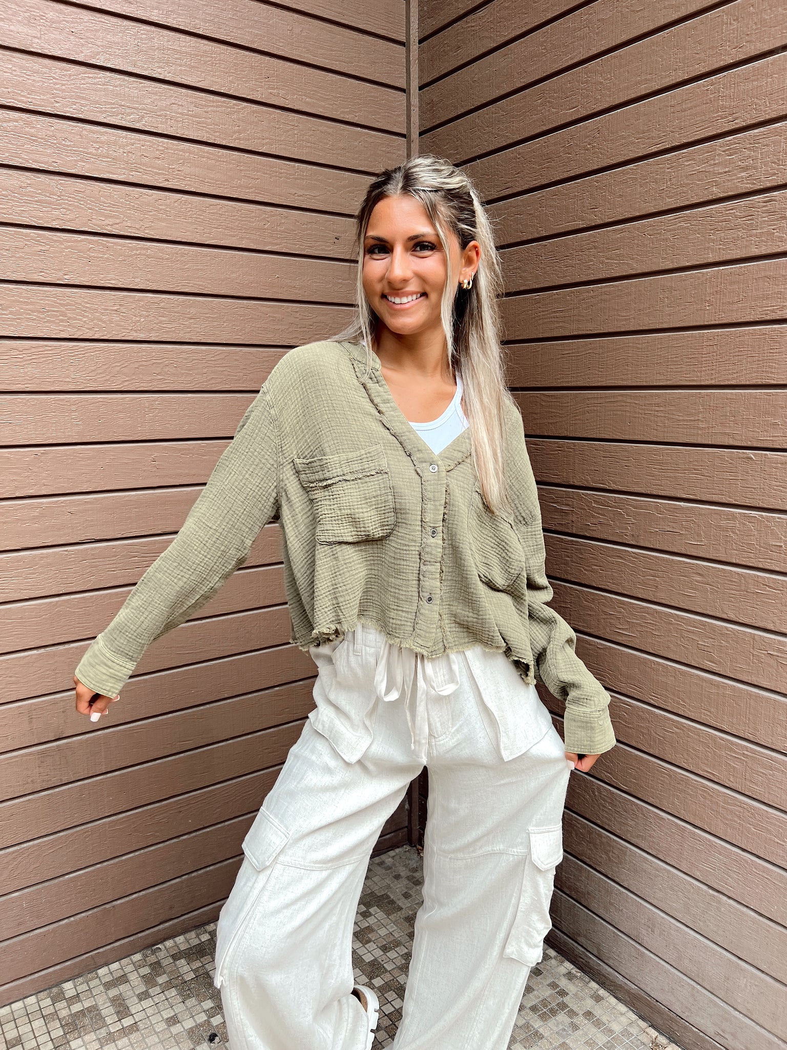 Never Better Olive Cropped Button Up