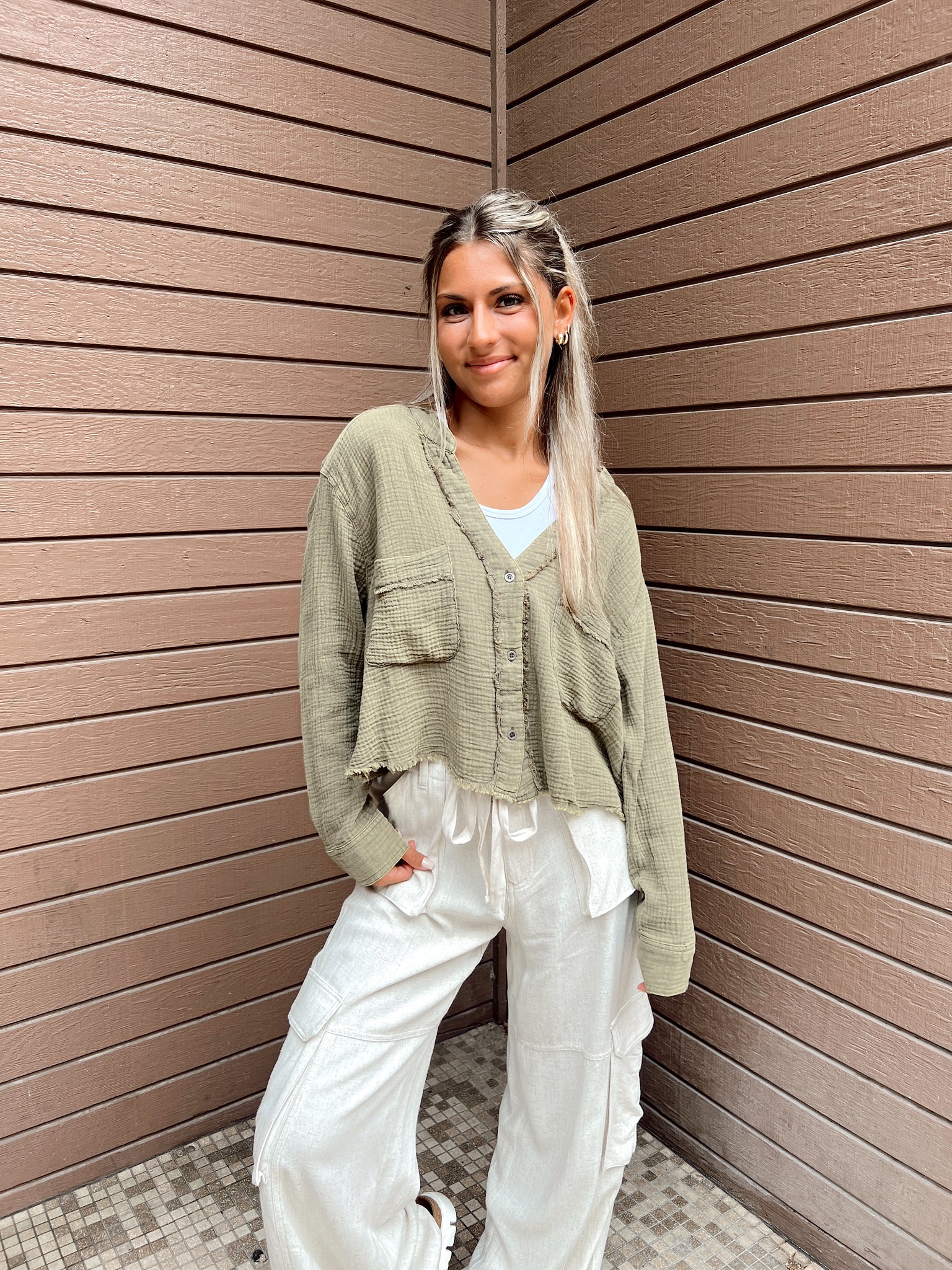 Never Better Olive Cropped Button Up