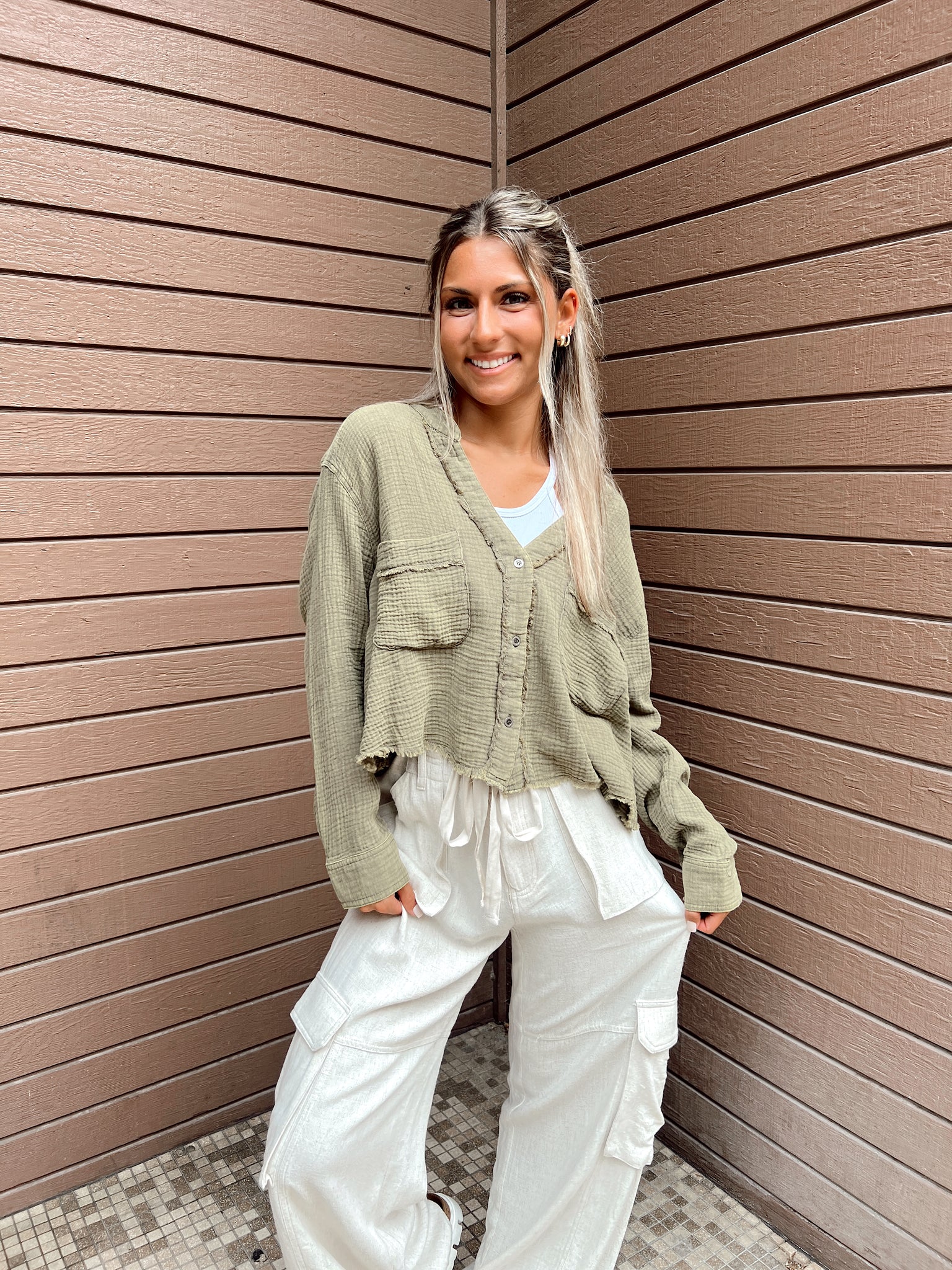 Never Better Olive Cropped Button Up